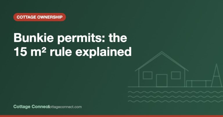 Small wooden bunkie in the trees beside a cottage, illustrating a permit for a bunkie in Ontario